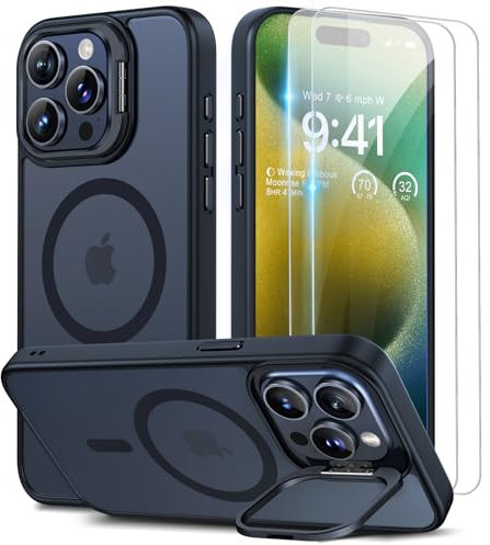 Beeasy Funda Magnética para iPhone 15 Pro MAX con Soporte, Compatible con MagSafe, Militar Funda con 2 Protectores de Pantalla, Antigolpes Resistente Arañazos Carcasa, Translúcido Negro