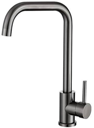 VALAZ Grifos Cocina Fregadero Gun Metal Alta Presión Caño en C | Grifo Monomando, Ahorro de Agua | Instalación Fácil y Rápida | Latón, Elegante, Acero Inoxidable, Serie Zancara