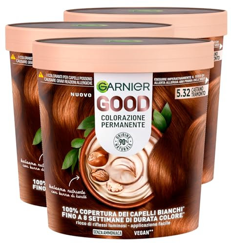 Garnier Good Permanente Haarfarbe für bis zu 8 Wochen Brillante und leuchtende Farbe deckt 100% weißes Haar ab, vegane Formel ohne Ammoniak, 5,32 Braun Sonnenuntergang Gold - 3 Packungen