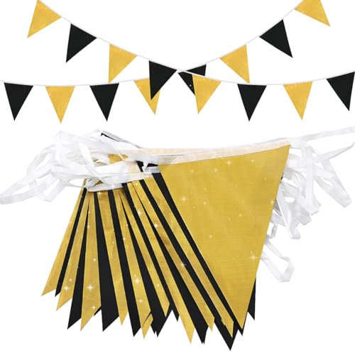 Topeedy Party Deko Girlande 20m Schwarz und Gold 52 Stück Schwarz Wiederverwendbare Wimpelkette für Geburtstag, Hochzeit, Haus oder Garten Party Dreiecksflaggen