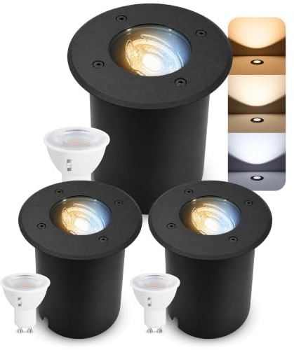 SSC-LUXon JUAVI Bodeneinbauleuchte 3er Set rund IP67 GU10 5W 3 Lichtfarben | Drei befahrbare Bodenstrahler bis 2000kg - schwenkbar, warmweiß bis tageslicht, direkt an 230V, für Garten, inkl. LED