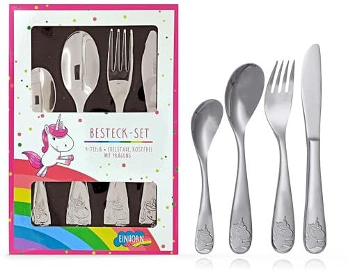 Generisch Kinderbesteck mit Namensgravur - Einhorn - 4-teilig, Silber, Edelstahl, 4 Stück, Gravur möglich