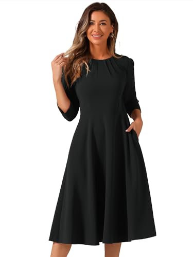 Allegra K Women's Elegant Work Dress 3/4 Sleeve Pleated Round Neck A-Line Swing Midi Dress Black M
