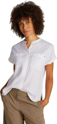 Tommy Hilfiger Women’s Short Sleeve Collarless Linen Blouse, White (Th Optic White), 10