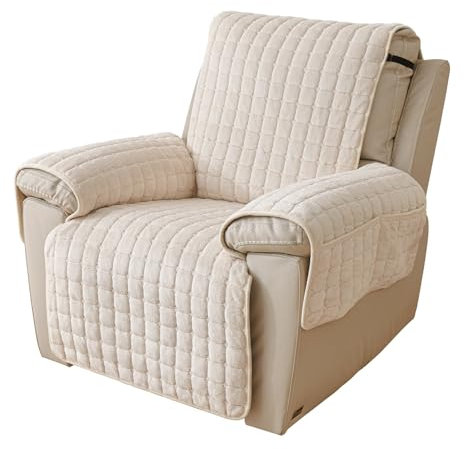 NUODWELL Upgraded Recliner Chair Cover with Pockets, Plush Non Slip Armchair Cover, Super Soft Washable Sofa Slipcover Furniture Protector Cover for Kids and Pets (Beige with Pockets, 116 * 190CM)