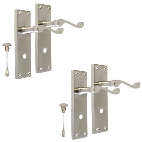 Satin Bathroom Door Handle with Privacy Lock Set - Victorian Style Internal Thumb Turn Latch for Interior Doors Satin Nickel Door Handles, Back Plate (2 Pair of Bathroom Handles)