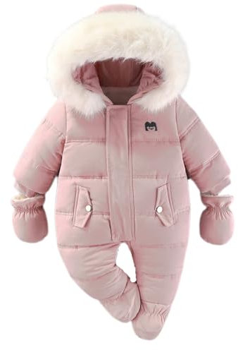 BRONG Baby Winter Snowsuit Toddler Fleece Romper Hooded Jumpsuit Infant Boys Girls Warm Zipper Outerwear with Gloves Pink 12-18 Months
