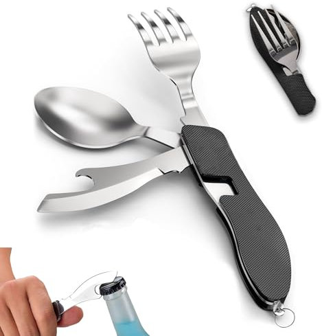 Couverts de camping pliables 3 en 1 en acier inoxydable - Couverts de camping - Couverts de voyage - Vaisselle amovible - Pour la randonnée, le voyage, le pique-nique, le camping, les festivals (noir)
