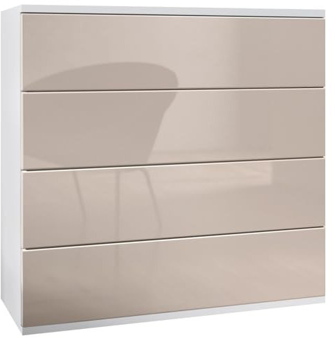 Vladon Kommode hängend Pavos V3, Sideboard mit 4 Schubladen Weiß matt/Sandgrau Hochglanz (76 x 94 x 35 cm)