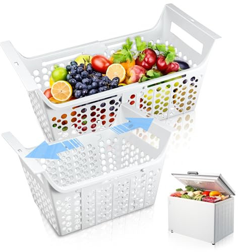 Tioncy 2 Pcs Adjustable Freezer Baskets for Chest Freezer Deep Freezer Organizer Bins Expandable Freezer Storage Bins with Handle Adjustable From 16.3 to 21.3 Freezer Organization Accessories
