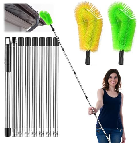 Telescopic Gutter Cleaning Tools,Gutter Brush Roofing Tool,320CM 8 Pole Extendable Gutter Brush, 10.5Ft Roof Gutter Cleaner Equipment, with 2 Brish for Cleaning Leaves/Debris/Window/Gutter