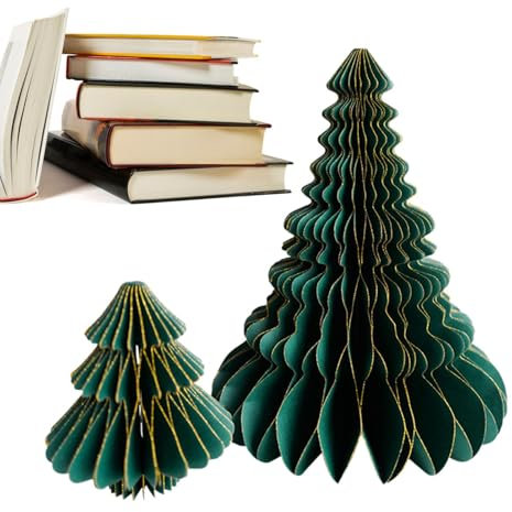 Arbre De Noël en Papier Pliant De Bureau – 2 Pièces D'ornements d'arbre De Noël en Papier Multicouche, Arbres en Papier De Noël en Nid d'abeille pour Pièce Maîtresse De Table – Vert Foncé