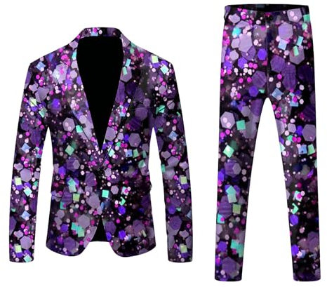 RUMAOZIA Blazer da discoteca da uomo, 2 pezzi, giacca e pantaloni lucidi, 70 anni '80, con paillettes, costume da discoteca da uomo, costume da discoteca, O viola, XXL