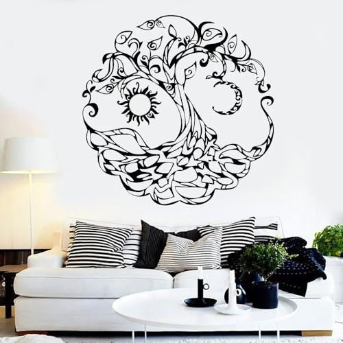 Adesivo da Parete Albero della Vita Camera da Letto della Famiglia Soggiorno Studio di Yoga Decorazione d'interni Adesivo in Vinile Sole Luna Alberi Radici Arte murale 57x57cm