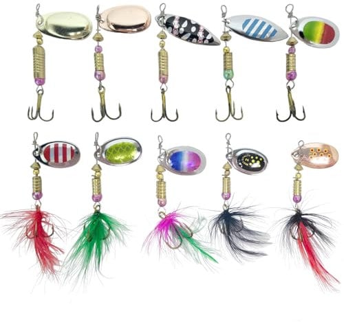 Fishing Spinners Lures C Spoon Sea Trout Salmon Pike Box Perch Flying Set 10 Pack Case Box Bucktail Tackle Feather Tail Bass Carp Pollock Mackerel Spoon Yellow Red Silver Gold (10 Pack (SK0829))