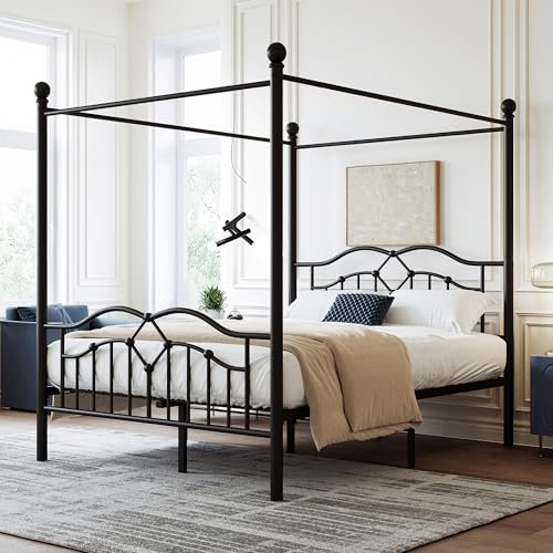 ComfortXL Metallbett, Himmelbett, Gewelltes Kopfteil, Französisches minimalistisches Design, Heranwachsende und Erwachsene, Flachbetten, Metall, Schwarz, 140x200cm