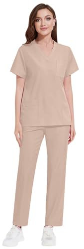 Scrubs Damen, Kasack Damen Set Baumwolle Arzt Berufsbekleidung Ärztin Große Größen Scrubs Medizinische Bequem V-Ausschnitt Kostüm Nurse Schutzanzug Uniform, Beige