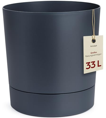 KONZEPT Blumentopf mit Untersetzer 38 cm, großer Übertopf, 33 L, Anthrazit | Aus Recyclingkunststoff, für Zimmerpflanzen, modern, wetterfest & UV-beständig, für Innen & Außen, Balkon & Terrasse