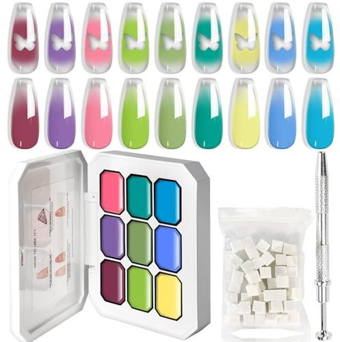 Gradient Painting Gel, 9 Colors Ombre Gel Nail Polish with Sponge & Clips, Pink, Purple, Green, Yellow, Blue Gel Nail Polish Set for DIY, Stamping, Embossing & Blending Soak-Off UV/LED Nail Art