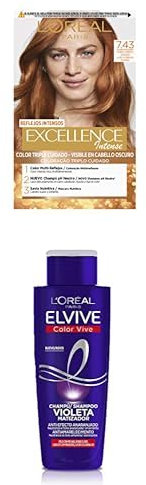 Pack L'Oréal Paris Excellence Intense 7.43 Rubio Cobrizo Dorado + Elvive Champú Violeta Matizador