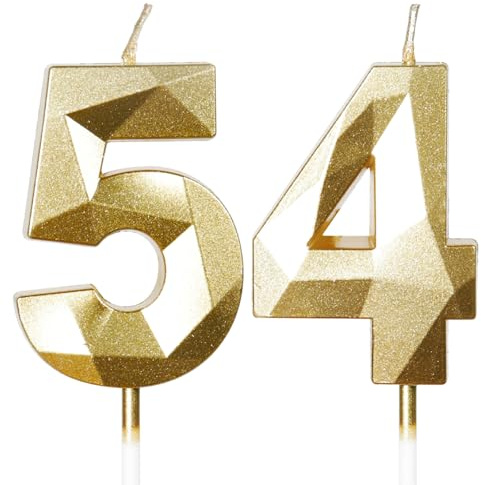 Yiran 54th Birthday Candles, Gold Number 54 Happy Birthday Candles, Cake Topper Decorations for Birthday Party, Wedding Anniversary Celebration Supply
