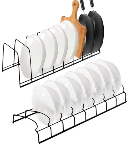 Houbobo Plate Rack for Cupboard, 2 Pack Bowl and Plate Organiser for Kitchen, Space-Saving Stainless Steel Dish Rack Holder for Pots & Pans, Baking Trays, Cutting Boards, 8 Compartments (Black)
