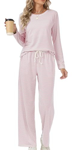 Rapbin Schlafanzug Damen Lang Pyjama Set Nachtwäsche Loungewear mit Taschen | Zweiteiliger Schlafanzüge für Damen Nachtwäsche Langarm Oberteile und Schlafhose mit Taschen Loungewear für Herbst Winter
