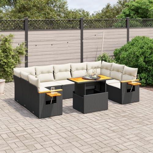 Owoxanthellate 10-TLG. Rattan Gartenmöbel Schwarz, wetterfest, Eckbank mit höhenverstellb. Akazienholztisch, abnehmb. Polster, modular