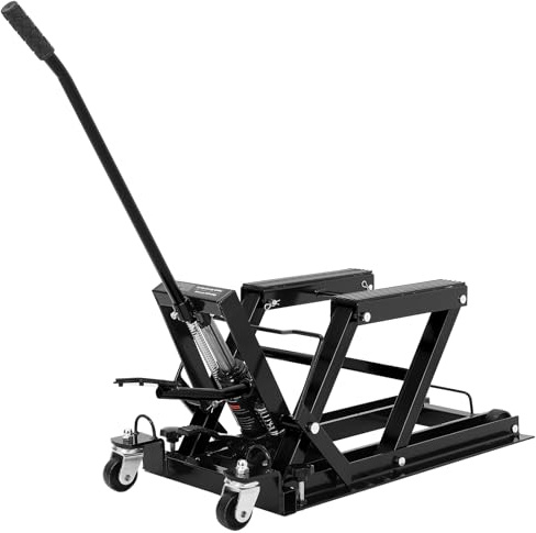 Crevyteg 1500 lbs Hydraulic Motorcycle Lift Jack - Heavy Duty Steel Scissor Table with Safety Lock, Non-Slip Platform & 4 Wheels - Adjustable 4.7-14.57 Height - Garage & Workshop Stand - Black