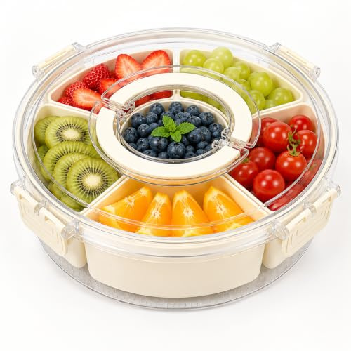 Wotrilw Caja de Aperitivos con Compartimentos, Bandeja Giratoria para Snacks con 6 Recipientes Extraíbles, Organizador con Tapa y Asa para Frutas, Dulces, Nueces y Verduras, para Picnic y Niños