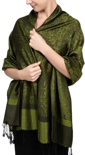 Achillea Zweifarbiger Vintage-Schal aus Jacquard, Paisleymuster, Pashmina-Schal, Dunkelgrün