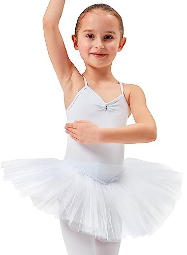 tanzmuster Ballettkleid Mädchen Tutu - Kim - weicher Baumwollstoff - Glitzersteine - Ballett Trikot mit Tüllrock für Kinder - weiß, 128/134