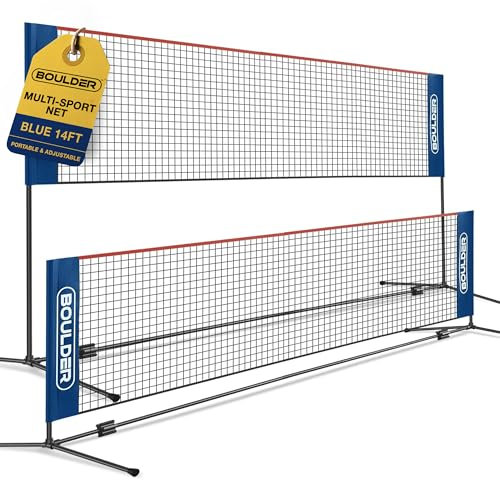 Boulder Volleyballnetz/Badminton Netz mit Stangen - 4,3m breit - Mobil & Höhenverstellbar - Tennis, Federball, Fußball u.a. Gartenspiele – Blau/Rot