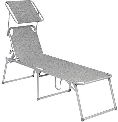 SONGMICS Sonnenliege mit Dach, Liegestuhl, Gartenliege, Aluminium, groß, 65 x 200 x 48 cm, bis 150 kg belastbar, Rückenlehne verstellbar, klappbar, Garten, Balkon, Terrasse, grau meliert GCB26TG