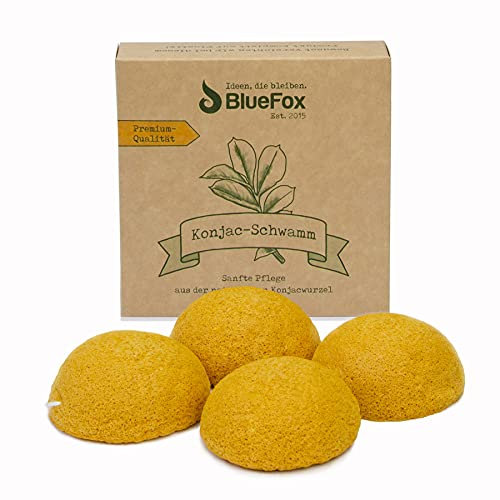 BlueFox Konjac Schwamm 4er Set Kurkuma, Gesichtsreinigung für unreine und Mischhaut, Gesichtspflege, Schminke, bio facial sponge, Peeling der Haut, reine Poren, Reinigungsschwamm, Farbe gelb