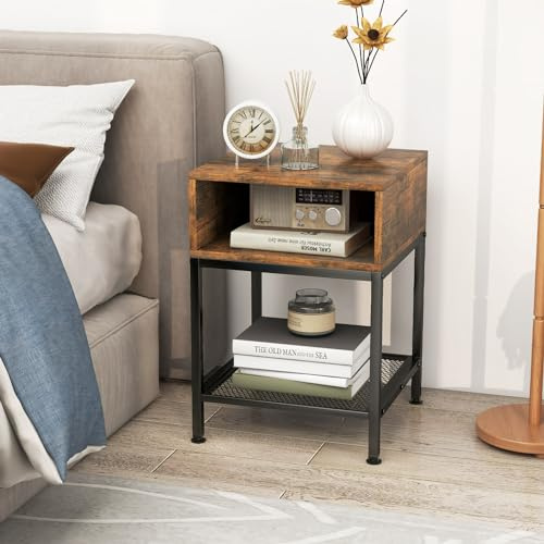 COSTWAY Beistelltisch im Industriedesign, Nachttisch mit Metallgestell, Sofatisch mit Gitterablage, für Wohnzimmer Schlafzimmer (braun mit Stauraum)