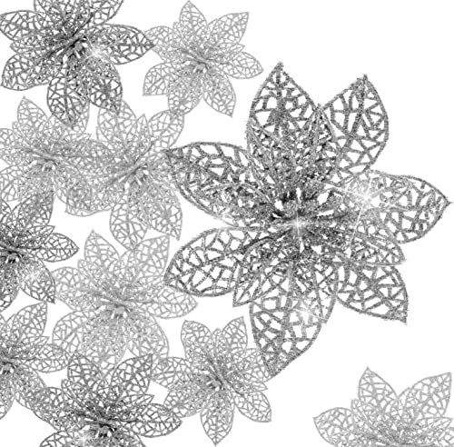 KAHEIGN 30pcs Christmas Glitter Poinsettia, 7.5/10 /15cm Tree Ornament Flowers Decor for Wreaths, Garland (Silver)