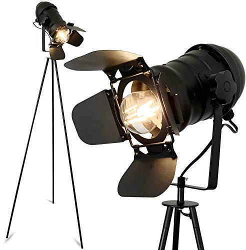 mojoliving Stehleuchte Stativ aus Metall für das Wohnzimmer Schlafzimmer Deko Tripod Vintage Studio Stehlampe mit Dreifuss Gestell (Stativ Schwarz Schirm Schwarz)