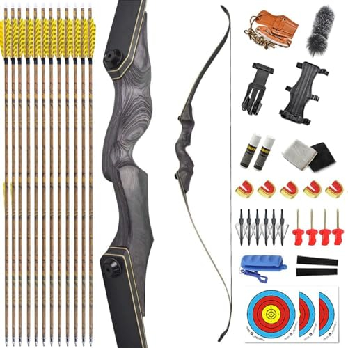AMEYXGS 60” Bogenschießen Takedown Recurve Bogen und Pfeil Set Holz Riser 25-60lbs Jagdbogen Traditioneller Langbogen Outdoor Jagd Erwachsener Bogen Linkshänder (Bogenset, 45lbs)