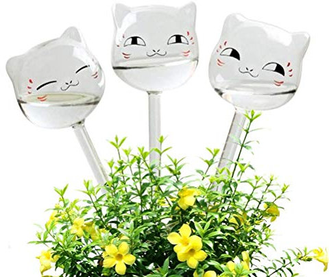 Chiyyak Lot de 3 boules d'irrigation en forme de chat - Pour plantes en verre - Dispositif d'auto-arrosage pour le jardin, les plantes en pot - Plantes suspendues - Vacances