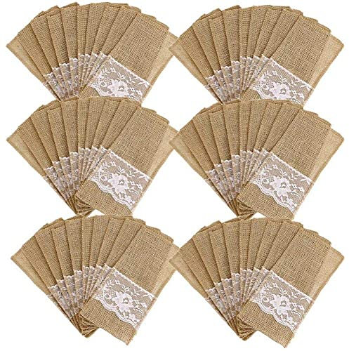 Tiamu 75 Stück Bestecktaschen mit Spitze, Sackleinen Hochzeit Besteckbeutel, Vintage Besteckhalter für Messer und Gabeln, Geschirr für Hochzeit, Geburtstag, Weihnachten