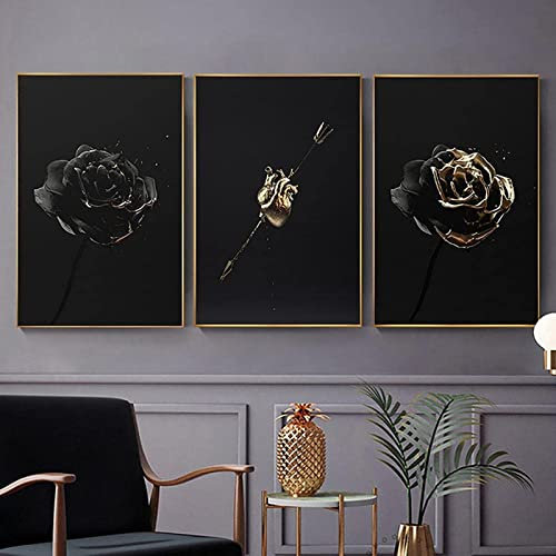 Abstrait Noir Fleurs DoréEs Peinture Sur Toile tableau Moderne Rose Toile tableau Art Tableaux Nordique Affiches Et Gravures Art Mural Pour Salon Decoration à La Maison Sans Cadre-30×40cm×3 Pcs