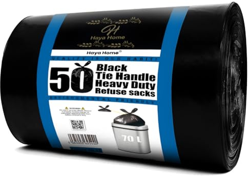 H Haya Home 70L 50 Tie Handle Heavy Duty Bin Bags Strong Thick Swing Pedal Bin Liners Black Refuse Sacks Tie Top Handle Large Garbage Rubbish Bags For Kitchen Home Office Garden Recycled Material