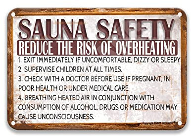 Warnung Sauna Sicherheit Reduzieren Sie das Risiko von Überhitzung Retro Kunst Schild Waschküche Dekor Vintage Kaffee Dekor Schlafzimmer Zubehör Bauernhaus Blechschilder 20,3 x 30,5 cm