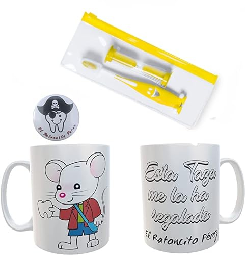 Pack de Taza desayuno ratoncito perez + chapa divertida Ratoncito Pérez+ Cepillo de Dientes - regalo ratoncito perez niña (Amarillo)