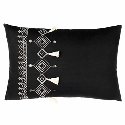 furn. Pritta Feather Filled Cushion – Bohemian Geometric Embroidered Cotton Tassel Trim Pillow (Black – 40x60cm)