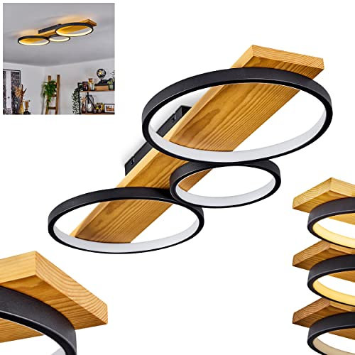 LED Deckenleuchte Rodekro, dimmbare Deckenlampe aus Metall/Holz in Schwarz/Natur/Weiß, über herkömmlichen Lichtschalter dimmbar, moderne Leuchte m. Holzbalken, 1 x LED 32 Watt, 3000 Kelvin, 3700 Lumen