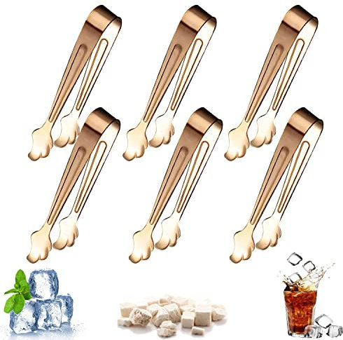 WUBAYI 6Pcs Stainless Steel Sugar Tongs, Mini Kitchen Thickened Serving Ice Tongs for Party Food Ice Drink Coffee Sugar Cube (Rose Gold)