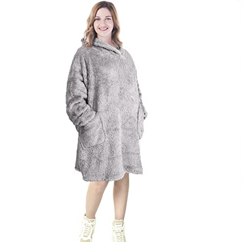 EHC Unisex Oversized Wearable Soft Warm Teddy Fleece Hoodie Sweatshirt Cuddly Blanket, Gift For Her, Gift For Him 80 x 90 cm, Grey