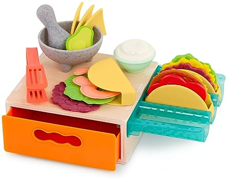 B. toys Mini Chef - Juego de Tacos con Accesorios y Caja | Set de 22 con rellenos, mortero, maja, soporte para tacos y caja con cajón; juego de imitación de cocina; 3 años y +